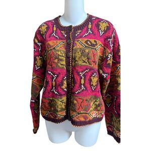 Studio Michelle Stuart Cardigan Geometric Leaf  M Boho Fall Retro Cottagecore
